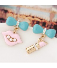 Czech Rhinestone and Pearl Decorated Lips and Lipstick Asymmetric Fashion Ear Studs - Pink