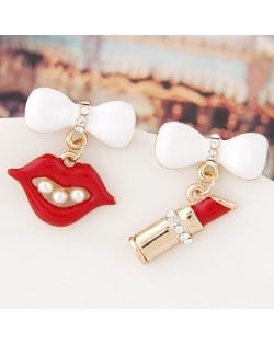 Czech Rhinestone and Pearl Decorated Lips and Lipstick Asymmetric Fashion Ear Studs - Red