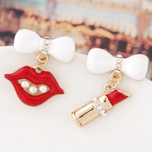 Czech Rhinestone and Pearl Decorated Lips and Lipstick Asymmetric Fashion Ear Studs - Red