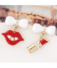 Czech Rhinestone and Pearl Decorated Lips and Lipstick Asymmetric Fashion Ear Studs - Red