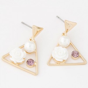 Sweet Korean Style Flower Gem and Pearl Dangling Triangle Ear Studs - White