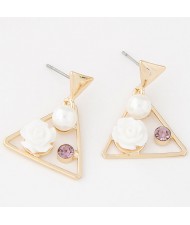 Sweet Korean Style Flower Gem and Pearl Dangling Triangle Ear Studs - White