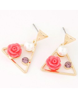 Sweet Korean Style Flower Gem and Pearl Dangling Triangle Ear Studs - Red