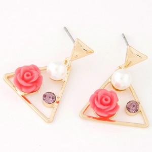 Sweet Korean Style Flower Gem and Pearl Dangling Triangle Ear Studs - Red