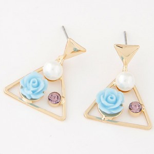 Sweet Korean Style Flower Gem and Pearl Dangling Triangle Ear Studs - Blue