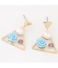 Sweet Korean Style Flower Gem and Pearl Dangling Triangle Ear Studs - Blue