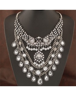 Waterdrop Shape Gem Inlaid Twin Phoenix Theme Fashion Costume Necklace - Silver