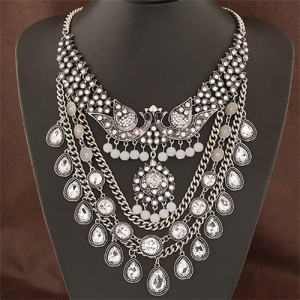 Waterdrop Shape Gem Inlaid Twin Phoenix Theme Fashion Costume Necklace - Silver