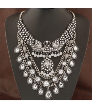 Waterdrop Shape Gem Inlaid Twin Phoenix Theme Fashion Costume Necklace - Silver