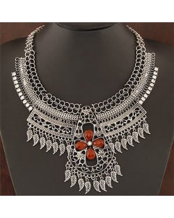 Multiple Tiny Leaves Tassel with Hollow Floral Cross Complex Design Statement Fashion Necklace - Gray