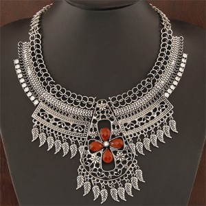 Multiple Tiny Leaves Tassel with Hollow Floral Cross Complex Design Statement Fashion Necklace - Gray