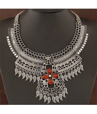 Multiple Tiny Leaves Tassel with Hollow Floral Cross Complex Design Statement Fashion Necklace - Gray