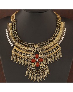 Multiple Tiny Leaves Tassel with Hollow Floral Cross Complex Design Statement Fashion Necklace - Copper