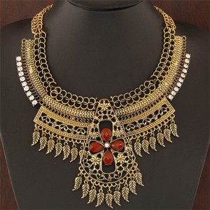 Multiple Tiny Leaves Tassel with Hollow Floral Cross Complex Design Statement Fashion Necklace - Copper