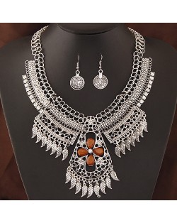 Multiple Tiny Leaves Tassel with Hollow Floral Cross Complex Design Statement Fashion Necklace and Earrings Set - Gray