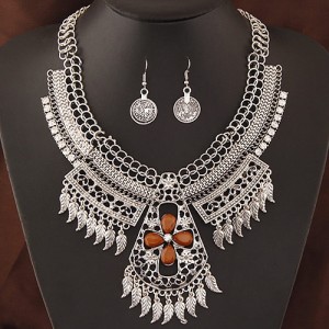 Multiple Tiny Leaves Tassel with Hollow Floral Cross Complex Design Statement Fashion Necklace and Earrings Set - Gray