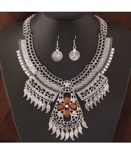 Multiple Tiny Leaves Tassel with Hollow Floral Cross Complex Design Statement Fashion Necklace and Earrings Set - Gray