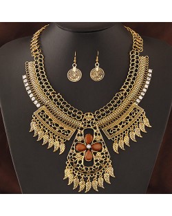 Multiple Tiny Leaves Tassel with Hollow Floral Cross Complex Design Statement Fashion Necklace and Earrings Set - Copper