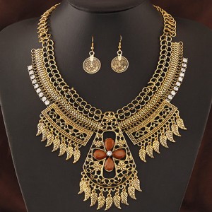 Multiple Tiny Leaves Tassel with Hollow Floral Cross Complex Design Statement Fashion Necklace and Earrings Set - Copper