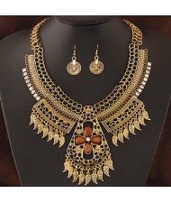 Multiple Tiny Leaves Tassel with Hollow Floral Cross Complex Design Statement Fashion Necklace and Earrings Set - Copper