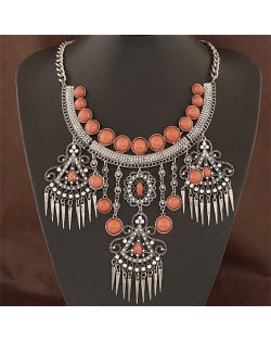 Triple Floral Dangling Tassel Arch Shape Statement Fashion Necklace - Gray