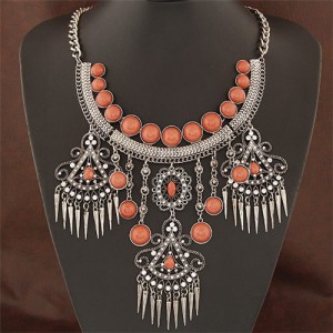 Triple Floral Dangling Tassel Arch Shape Statement Fashion Necklace - Gray
