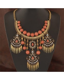 Triple Floral Dangling Tassel Arch Shape Statement Fashion Necklace - Copper and White