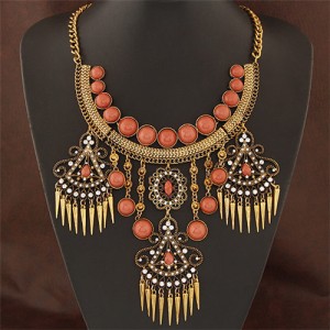 Triple Floral Dangling Tassel Arch Shape Statement Fashion Necklace - Copper and White