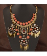 Triple Floral Dangling Tassel Arch Shape Statement Fashion Necklace - Copper and White