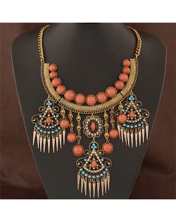 Triple Floral Dangling Tassel Arch Shape Statement Fashion Necklace - Copper Blue