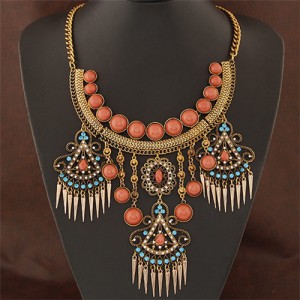 Triple Floral Dangling Tassel Arch Shape Statement Fashion Necklace - Copper and Blue