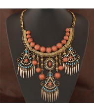 Triple Floral Dangling Tassel Arch Shape Statement Fashion Necklace - Copper and Blue
