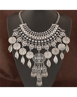 Vintage Leaves and Round Dangling Tassel Hollow Flower Statement Fashion Necklace - Silver