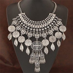 Vintage Leaves and Round Dangling Tassel Hollow Flower Statement Fashion Necklace - Silver