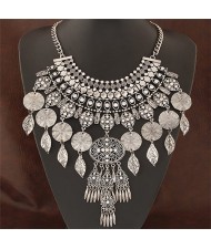 Vintage Leaves and Round Dangling Tassel Hollow Flower Statement Fashion Necklace - Silver