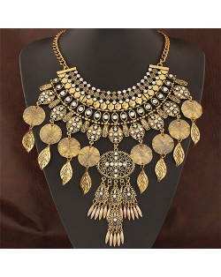 Vintage Leaves and Round Dangling Tassel Hollow Flower Statement Fashion Necklace - Copper