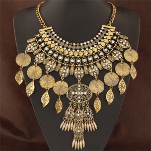 Vintage Leaves and Round Dangling Tassel Hollow Flower Statement Fashion Necklace - Copper