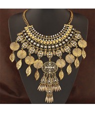 Vintage Leaves and Round Dangling Tassel Hollow Flower Statement Fashion Necklace - Copper
