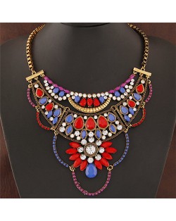 Resin Gems and Rhinestone Embedded Hollow Floral Design Fashion Necklace - Colorful