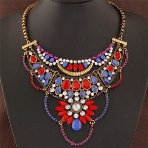 Resin Gems and Rhinestone Embedded Hollow Floral Design Fashion Necklace - Colorful