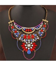 Resin Gems and Rhinestone Embedded Hollow Floral Design Fashion Necklace - Colorful