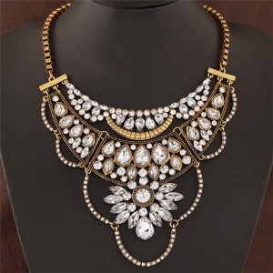 Resin Gems and Rhinestone Embedded Hollow Floral Design Fashion Necklace - Copper