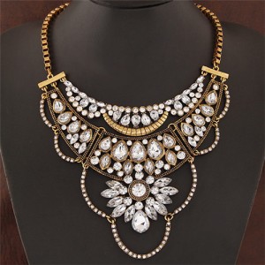 Resin Gems and Rhinestone Embedded Hollow Floral Design Fashion Necklace - Copper