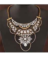 Resin Gems and Rhinestone Embedded Hollow Floral Design Fashion Necklace - Copper