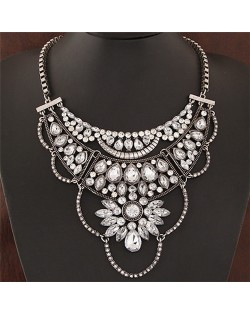 Resin Gems and Rhinestone Embedded Hollow Floral Design Fashion Necklace - Silver