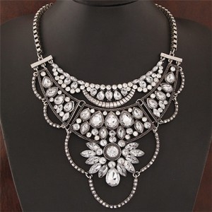 Resin Gems and Rhinestone Embedded Hollow Floral Design Fashion Necklace - Silver