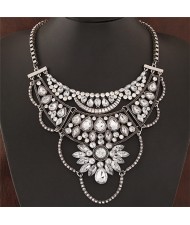 Resin Gems and Rhinestone Embedded Hollow Floral Design Fashion Necklace - Silver