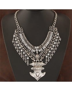 Royal Anchor Pendant with Rhinestone and Mini Beads Statement Fashion Necklace - Vintage Silver