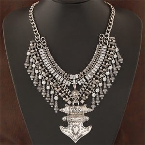 Royal Anchor Pendant with Rhinestone and Mini Beads Statement Fashion Necklace - Vintage Silver