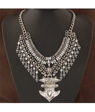 Royal Anchor Pendant with Rhinestone and Mini Beads Statement Fashion Necklace - Vintage Silver